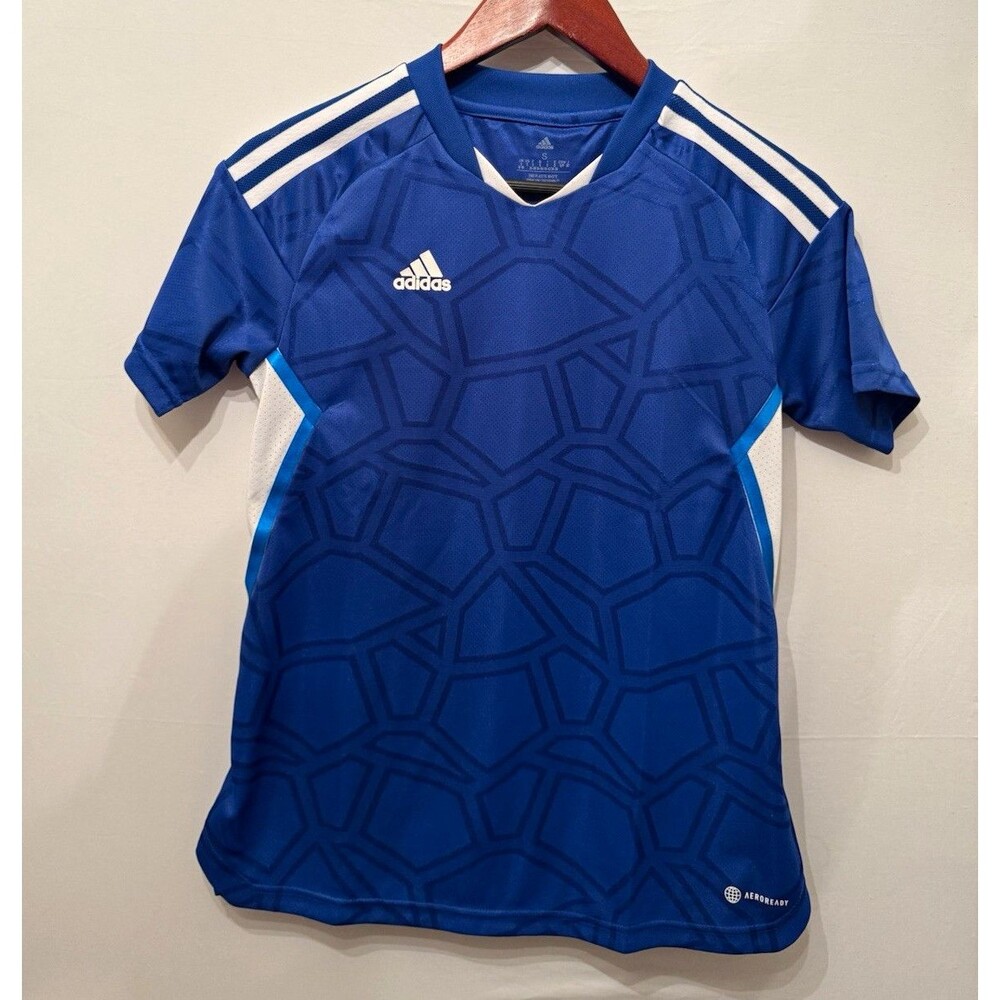 adidas Aeroready Soccer Jersey Mens Small Blue White V Neck Moisture Wicking